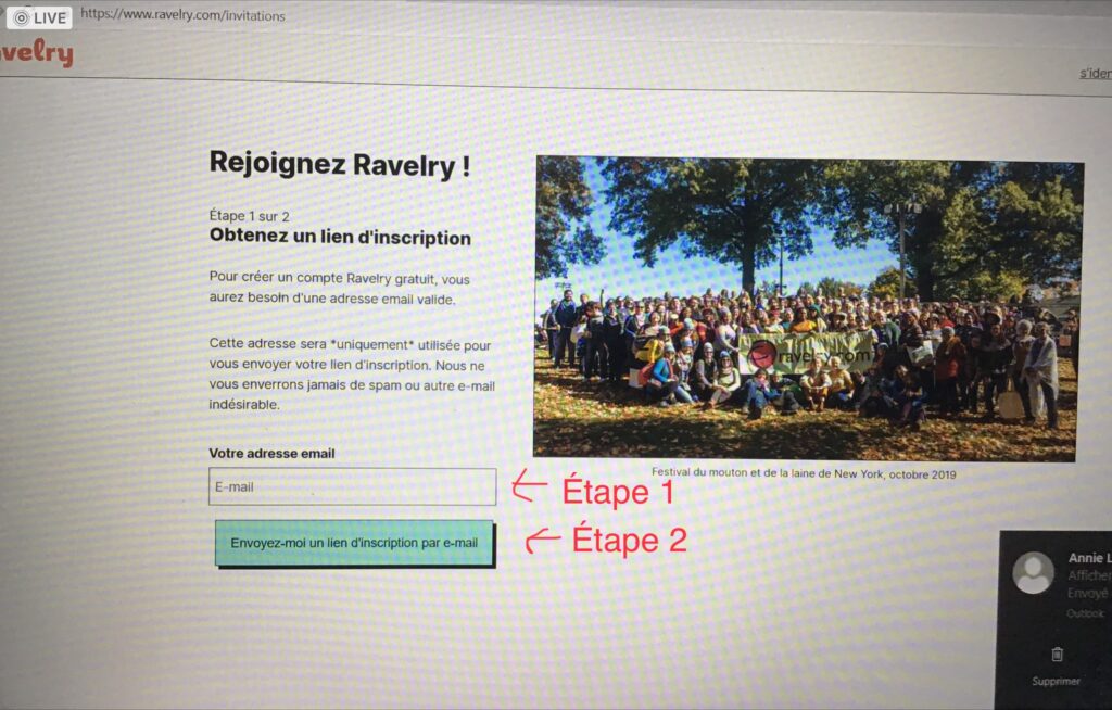 Page d'inscription du site Ravelry