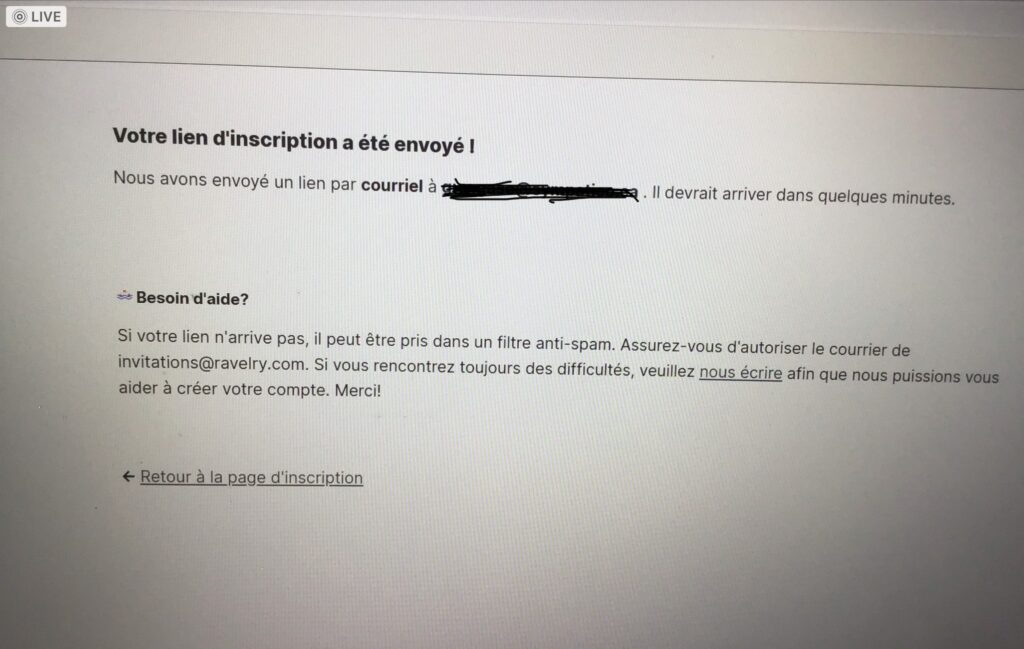 Le message de confirmation de Ravelry pour votre inscription