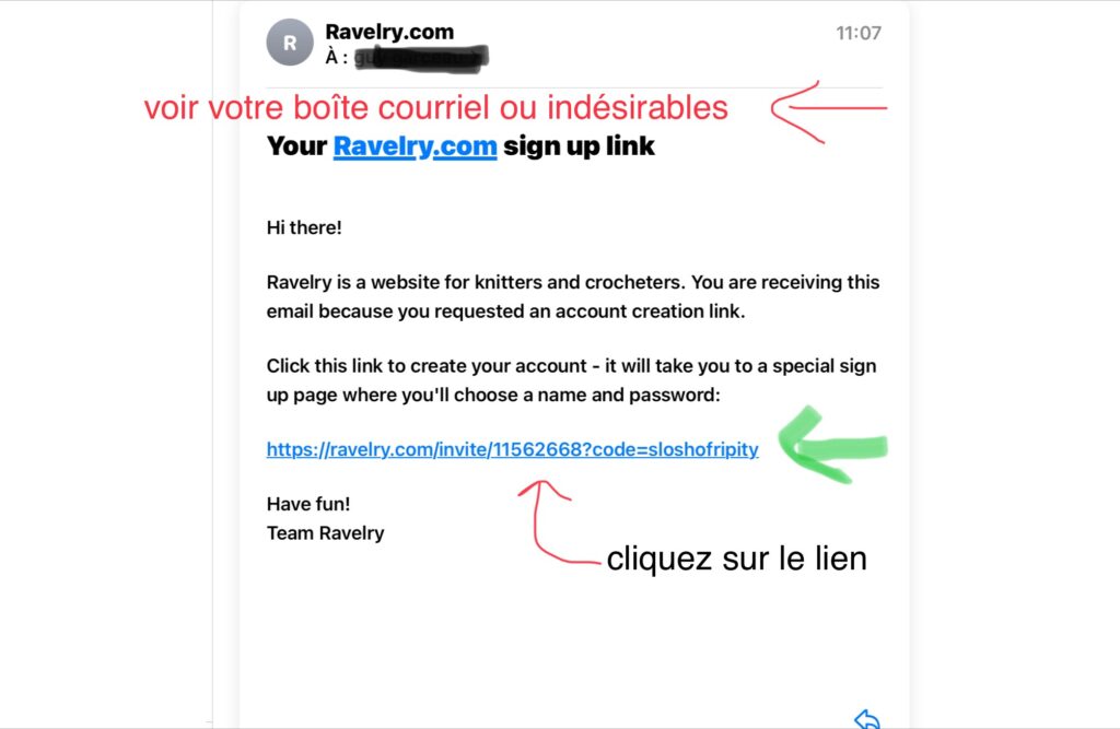 Le courriel de Ravelry qui vous attend dans votre boîte courriel