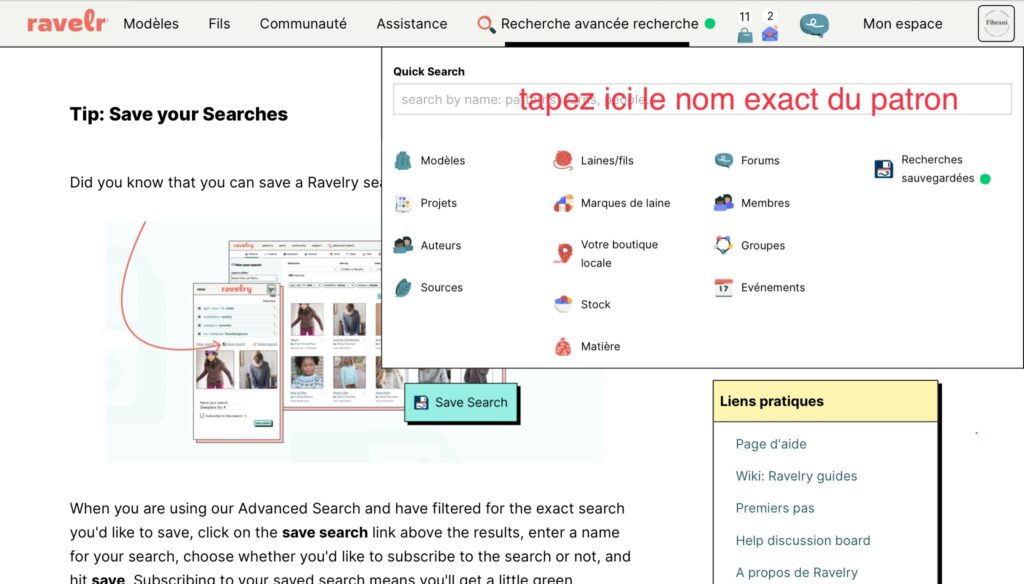 Comment effectuer une recherche avec la barre de recherche du site Ravelry