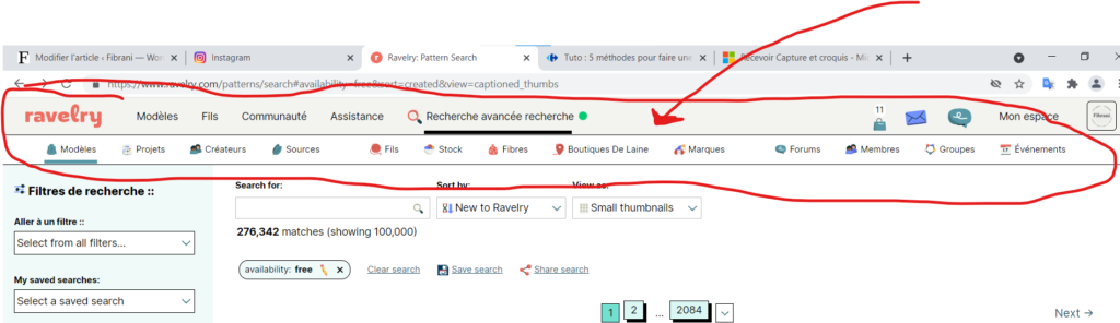 Barre latérale et recherche avancée dans Ravelry